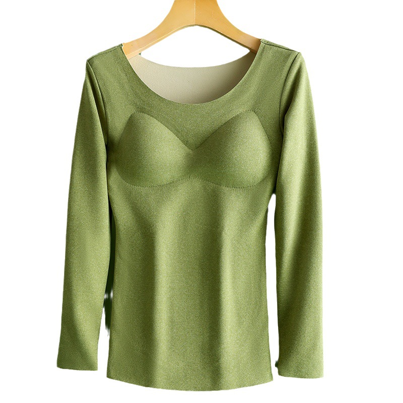 Parche engrosado de terciopelo sin costuras ropa interior térmica para mujer con almohadilla en el pecho que toca fondo ropa de otoño superior autocalentamiento térmico manga larga invierno