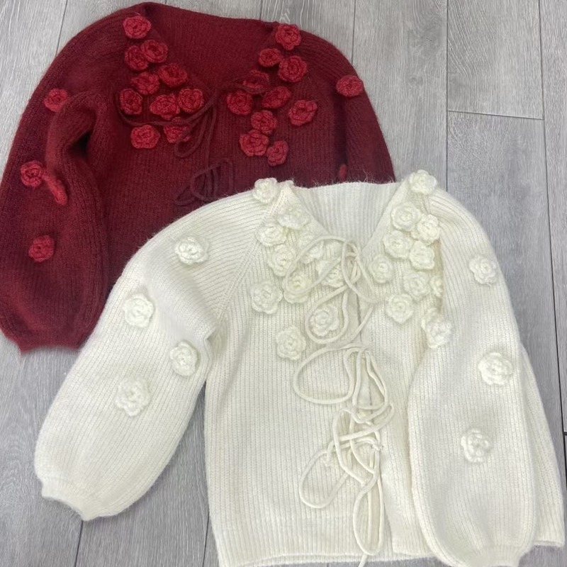 温柔立体花朵圣诞穿搭红色毛衣女早春新款宽松显瘦慵懒针织上衣|undefined