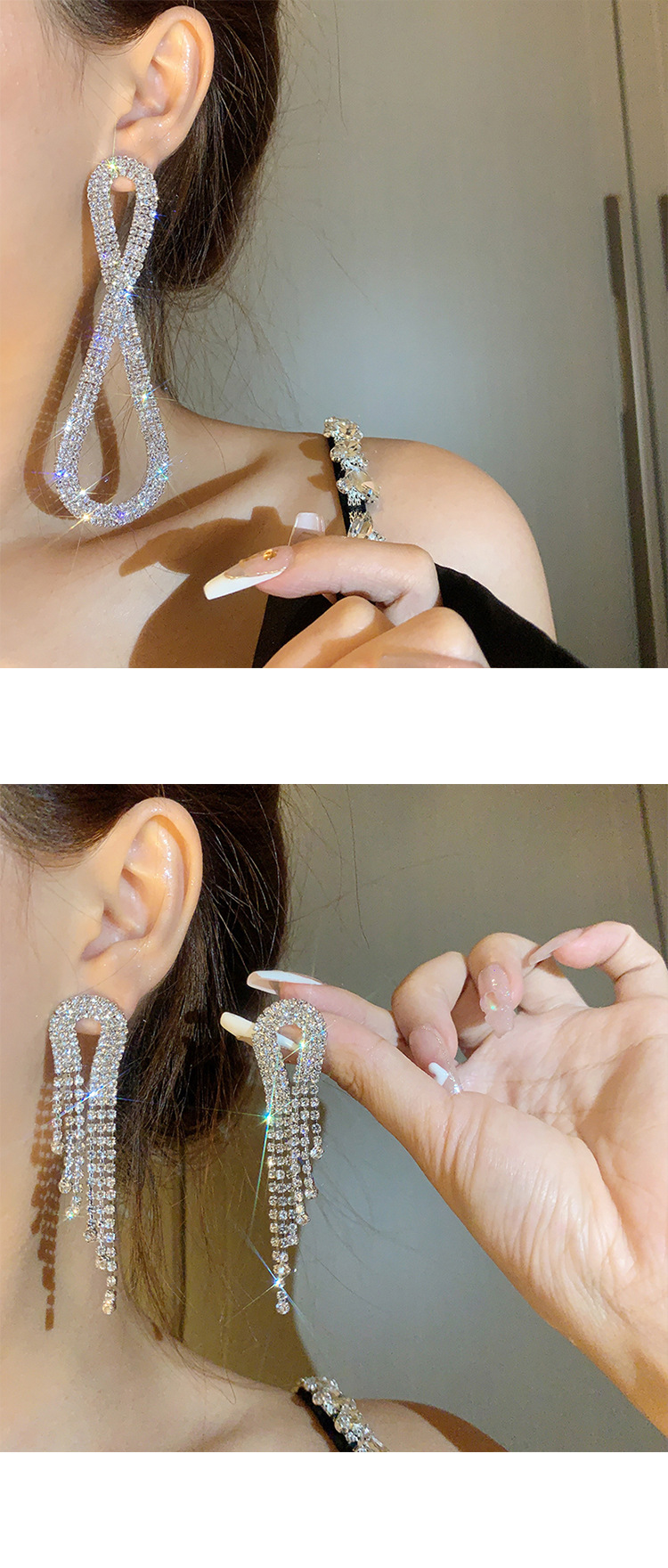 Retro full diamond long tassel earrings for women in Europe and America, exaggerated temperament, earrings, high-end feeling, light luxury earrings_voghion.com