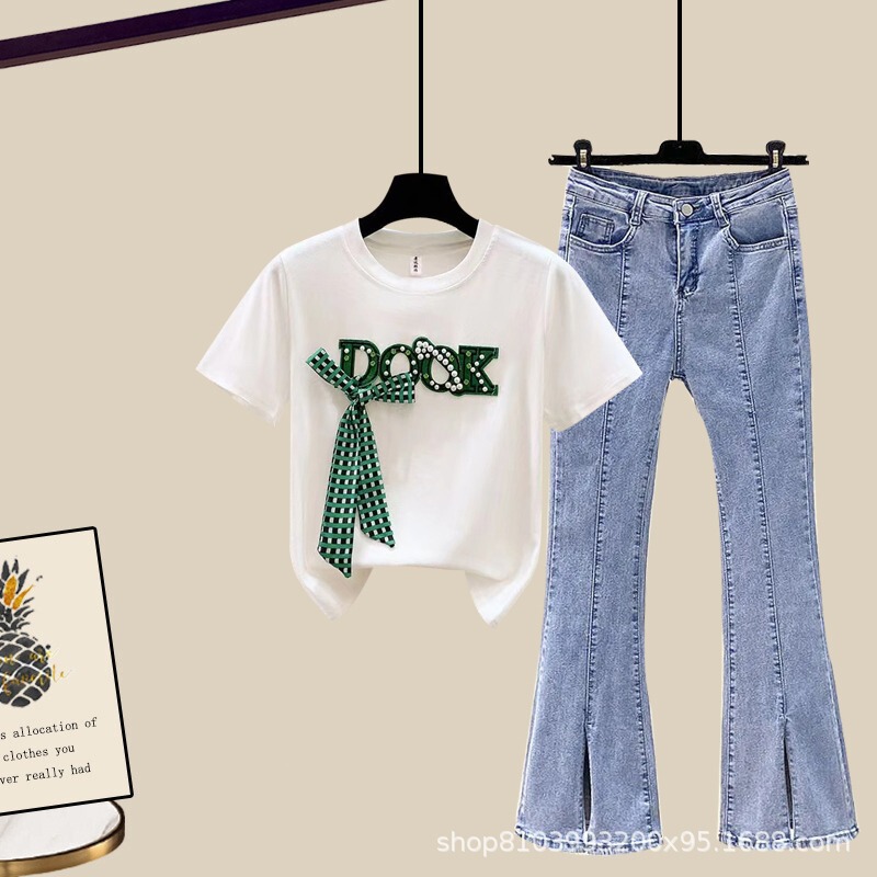 Denim suit# Summer Bead Bow Short-sleeved T-shirt Women's High Waist Slimming All-match Small Micro-flared Pants