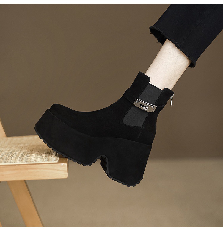 Boot Chelsea nữ cổ thun đế xuồng gót vuông mũi vuông phong cách bụi — Lót đơn màu hạnh chi tiết 9