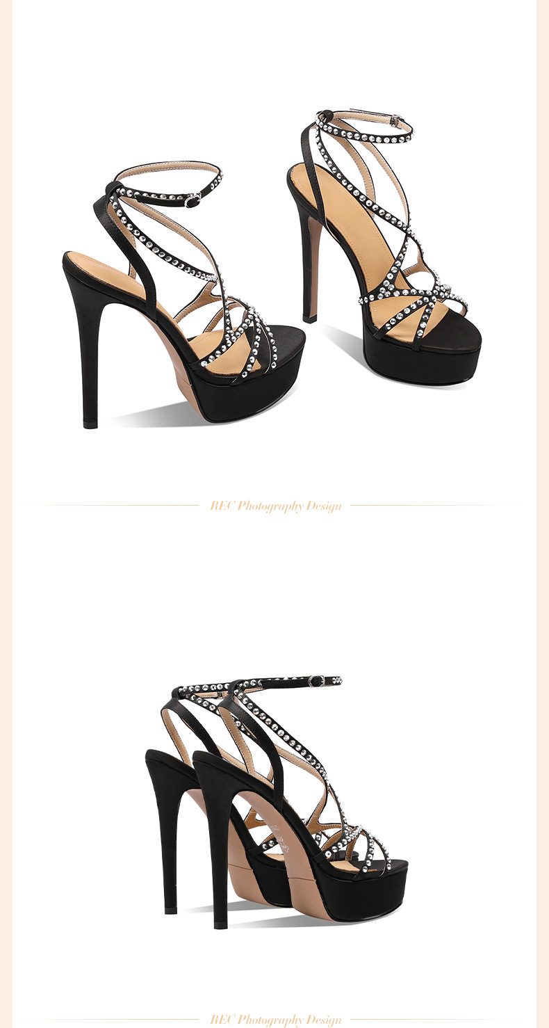 Sandal cao gót nữ quai ngang đính đá rhinestone gót nhỏ 13 cm — Vàng (13cm) chi tiết 3