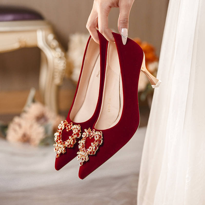 Rhinestone Rich Gold Heart Buckle Not Tiring Feet Wine Glass Heel Red Single Shoes High Heel Banquet Shoes Xiuhe Bridal Wedding Shoes
