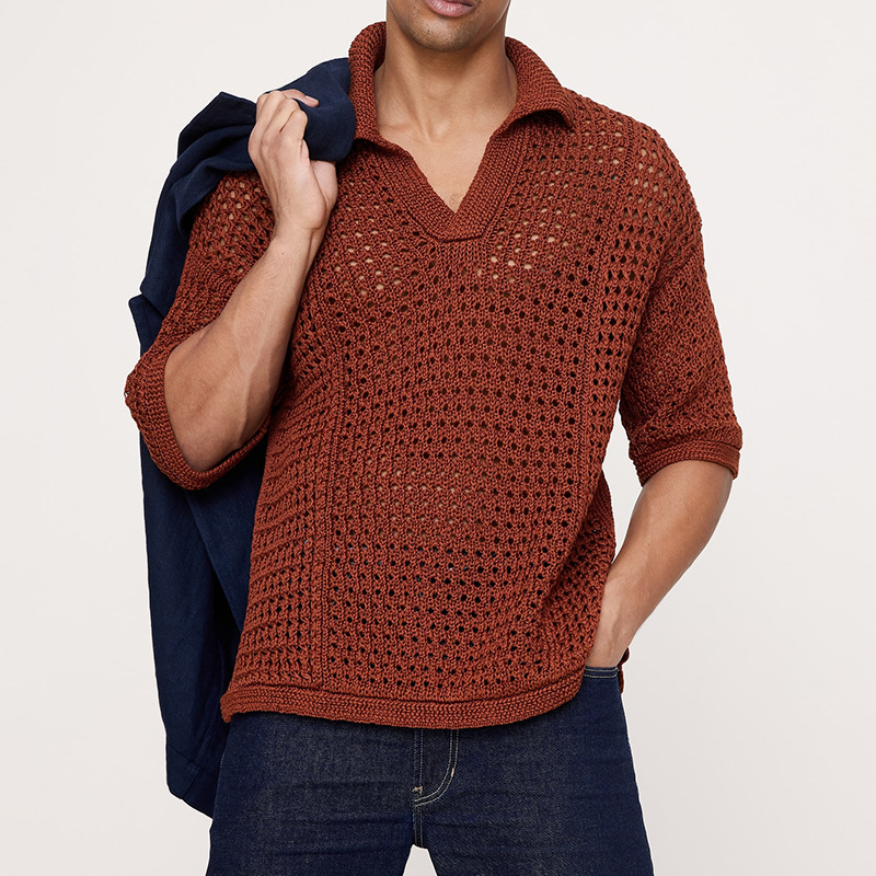 European and American Cross-Border Spring and Summer Hollow Mesh Knitted Short-Sleeved Polo Shirt T-Shirt Men's Light Mature Style Top Shirt European and American Cross-Border Spring and Summer Hollow Mesh Knitted Short-Sleeved Polo Shirt T-Shirt Men's Light Mature Style Top Shirt