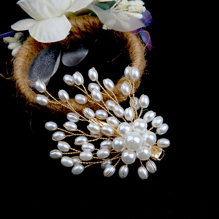 欧美白色珍珠盘发发梳头饰手工发夹皇冠头饰花朵插梳发饰新娘胸花