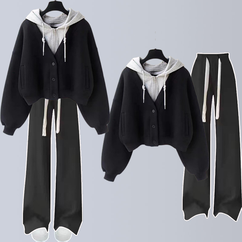 Girl's Fake Two-Piece Sweatshirt suit Spring and Autumn New Korean Style Splicing Casual Sports Two-Piece Set Junior High School Girl's Autumn Clothes