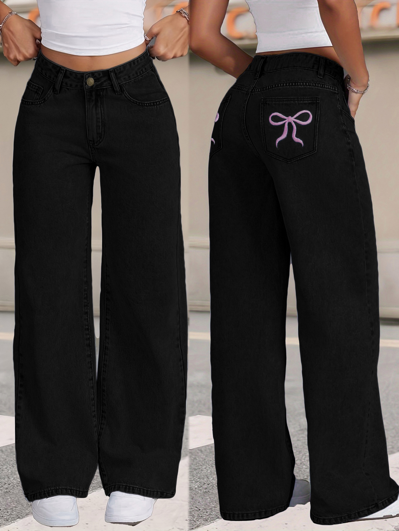 Women's Clothing High Waisted, Bow Tie Patchwork Wide Leg Jeans For Women, Y2K Style, Loose Fit._ecoleips.com