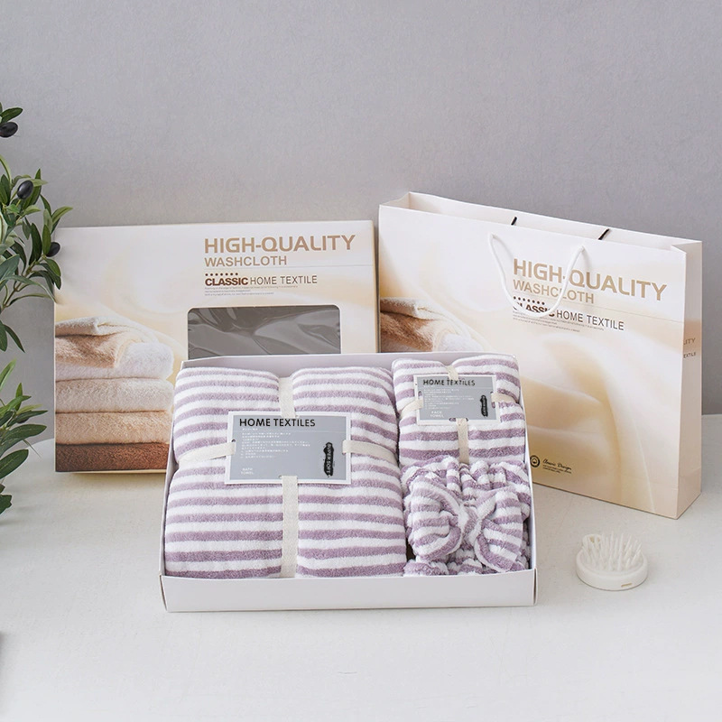 横纹三件套棉柔礼盒紫