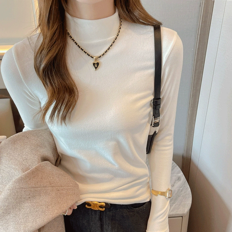 Фабричная белая бархатная рубашка с полугольфом для женщин, осенне-зимний стиль, футболка с длинными рукавами и средним воротником, которую можно носить на улице.