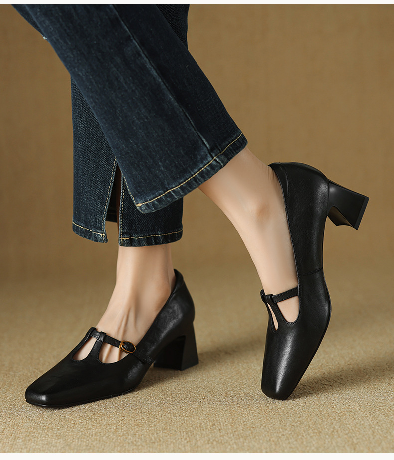 Giày Mary Jane nữ quai chữ T da bò gót vuông 5.5 cm — đen chi tiết 9