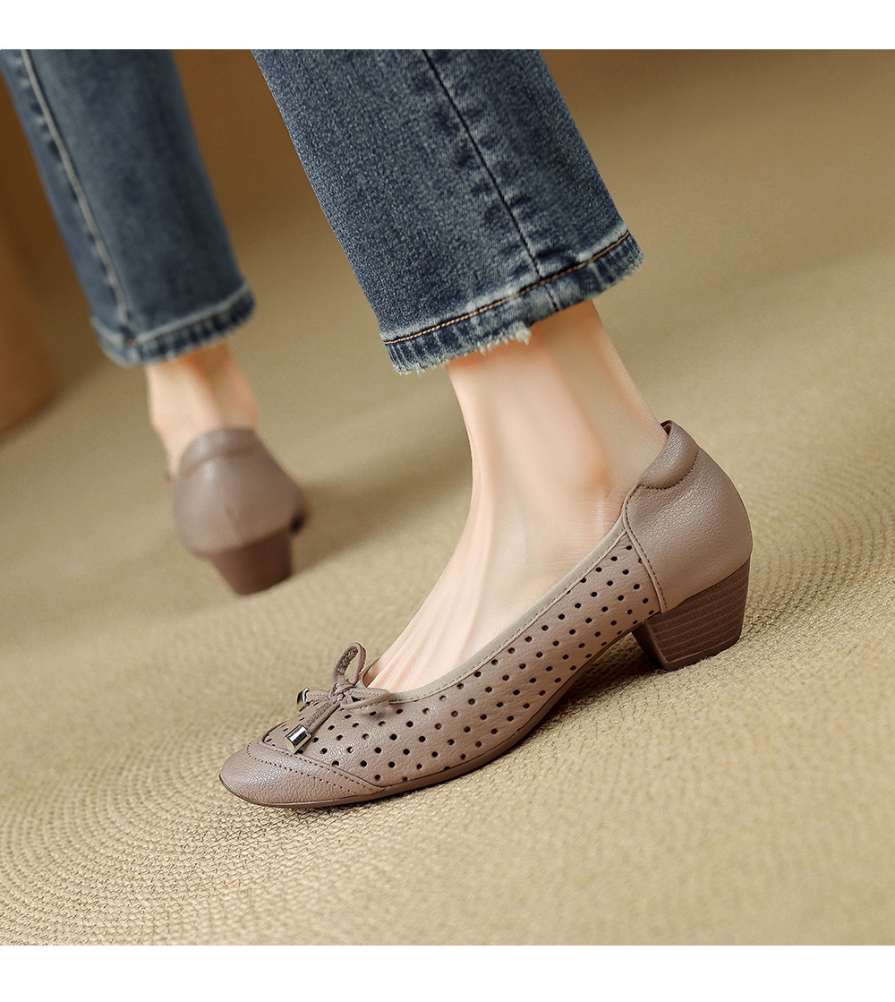 Giày sandal nữ hở mũi gót thấp 3,5 cm, thiết kế đục lỗ thoáng mát, phong cách đơn giản bốn mùa — màu trắng ngà chi tiết 7