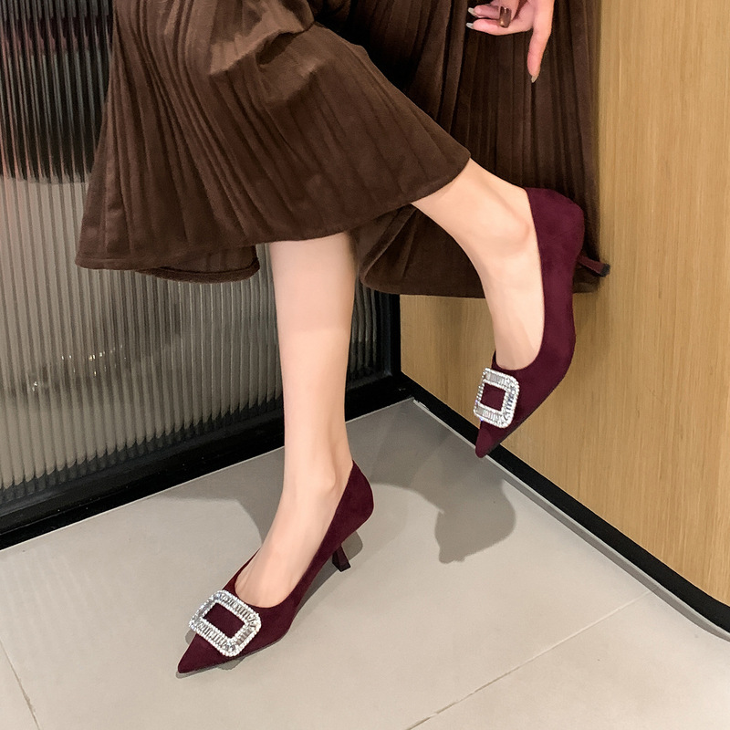 Rhinestone Square Buckle Suede Pointed Toe High Heels for Women 2026 New Style Shallow Thin Heel Single Shoes Soft Sole Comfortable