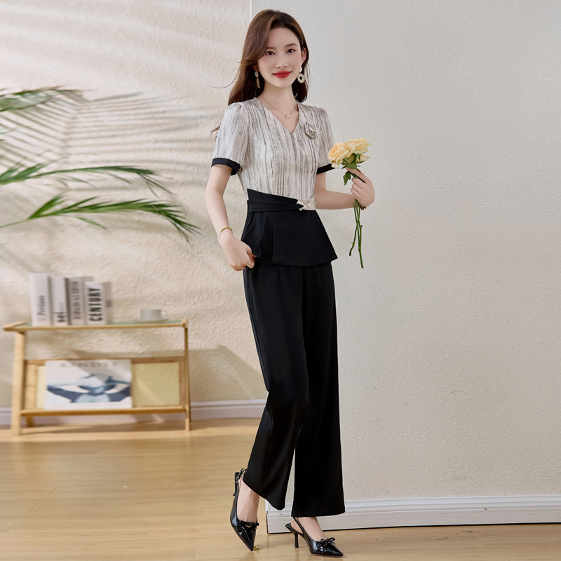 Genuine Brand Summer Mom Two-Piece Suit Loose Casual Western Style Thin Short-Sleeved Top Casual High-Waisted Wide-Leg Pants