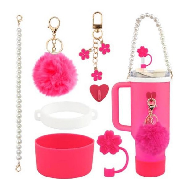 7pcs taza Stanley cuerda de mano colgante de silicona flor tapa de pajita bola de felpa colgante de copa cadena de taza de color