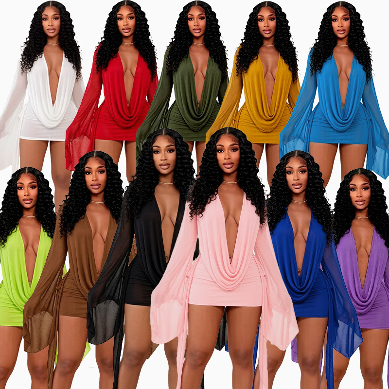 M606 European and American cross-border women's clothing sexy and elegant bell-sleeve ultra-thin sheer mesh deep V party mini dress M606 European and American cross-border women's clothing sexy and elegant bell-sleeve ultra-thin sheer mesh deep V party mini dress