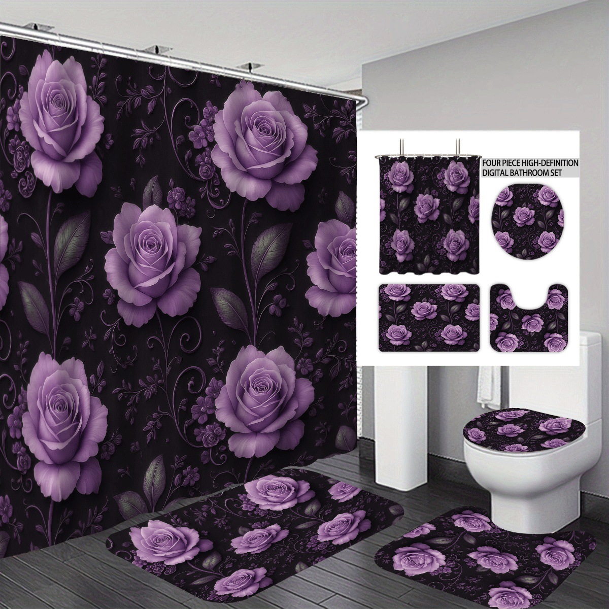 Agente de poliéster Mei Ke más cortina de baño impermeable serie de agua floral 3D impresión digital cortina de baño cuatro piezas alfombra absorbente