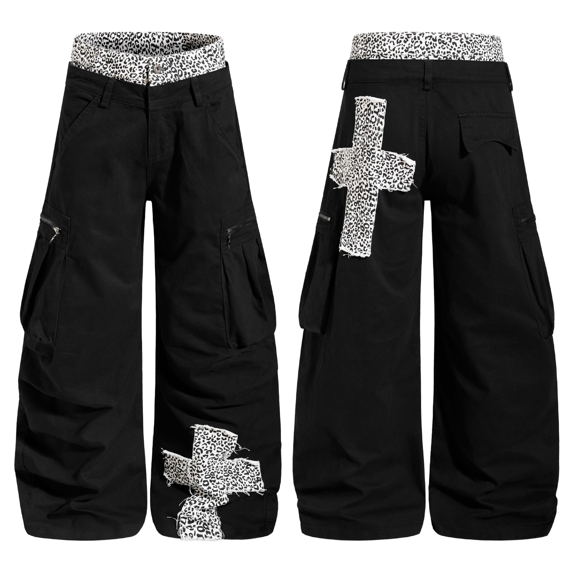 OREETA, pantalones de trabajo de doble cintura de estampado de leopardo americano para hombres y mujeres, pantalones de hip-hop callejero sueltos de piernas anchas