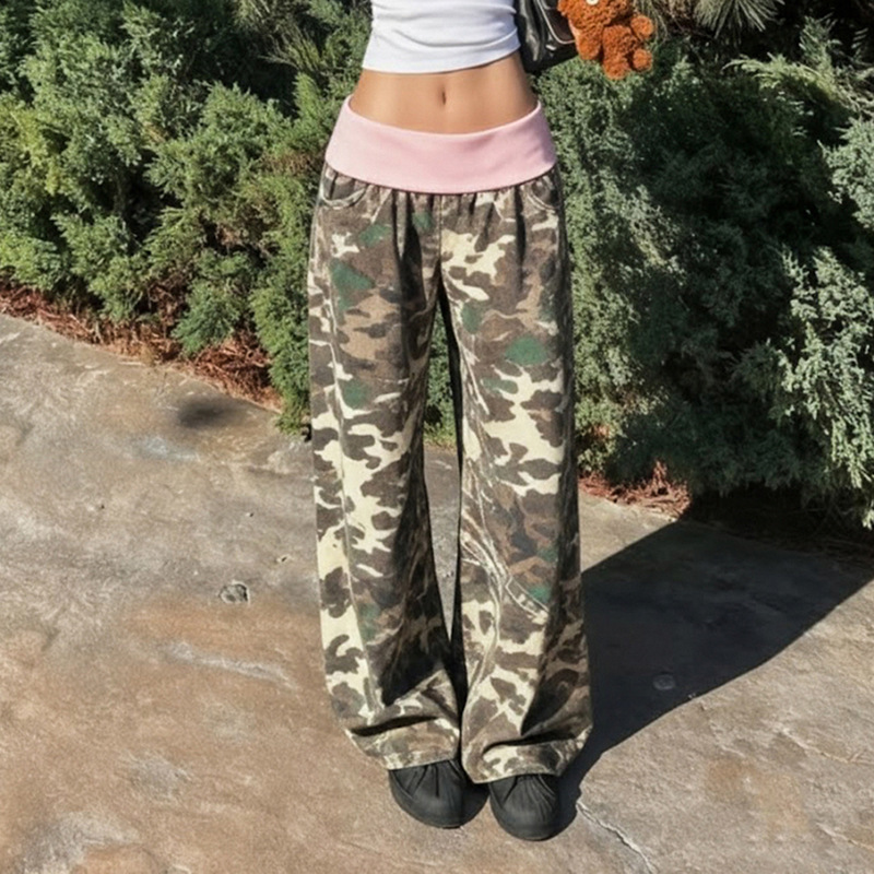 American Retro Style Casual Camouflage Waistband Color-Blocked Long Pants for Women, Street Fashion Sweet and Spicy Loose Floor-Length Straight Pants