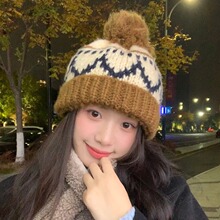 韩国ins复古美拉德毛线帽女秋冬保暖护耳休闲冷帽毛球粗线针织帽