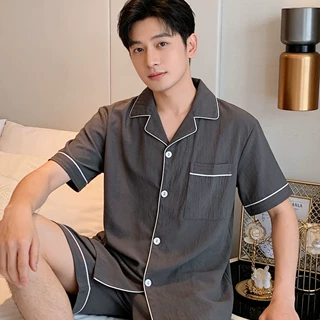 新款120克云朵棉男装纯色双短夏季短袖开衫翻领男夏天套装家居服
