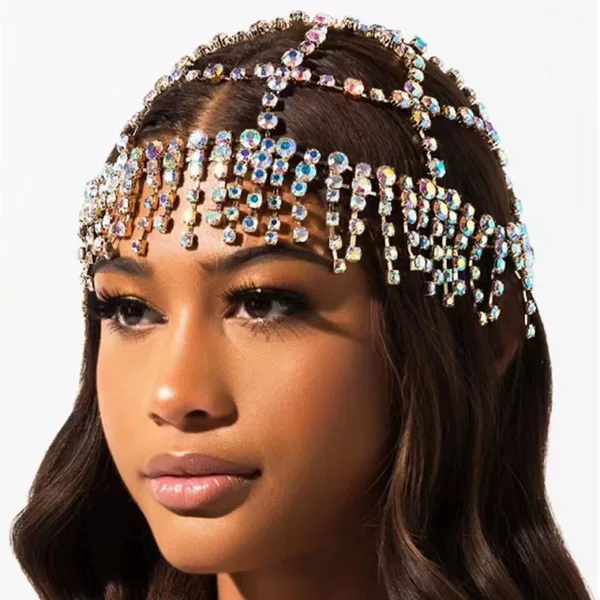Factory direct European and American cross-border fashion hair accessories full diamond personality tassel rhinestone mesh headdress female model all-match tide