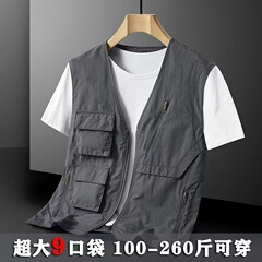 メンズ薄手ベスト、多ポケット作業服、速乾ノーカラーベスト、大きいサイズ春秋メンズジャケット、トレンディ作業服