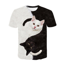 跨境  夏季黑白猫动物3D印花T恤 男女短袖 儿童T恤上衣厂家批发
