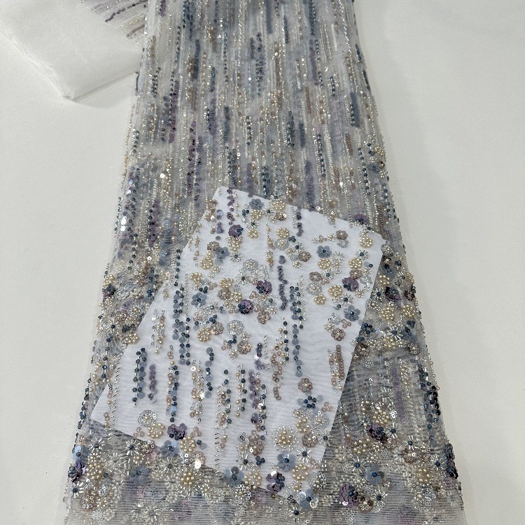 Diamante tridimensional perlas de perlas sequinilla tela de malla de moda europea y americana vestido de novia tela de moda