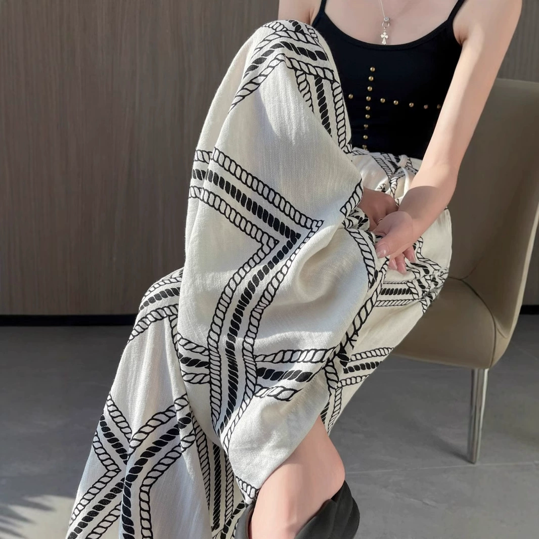 Широкие брюки из ледяного шелка, хлопка и льна с принтом для женщин, лето 2025, новые свободные повседневные драпированные брюки длиной до пола с высокой талией для похудения