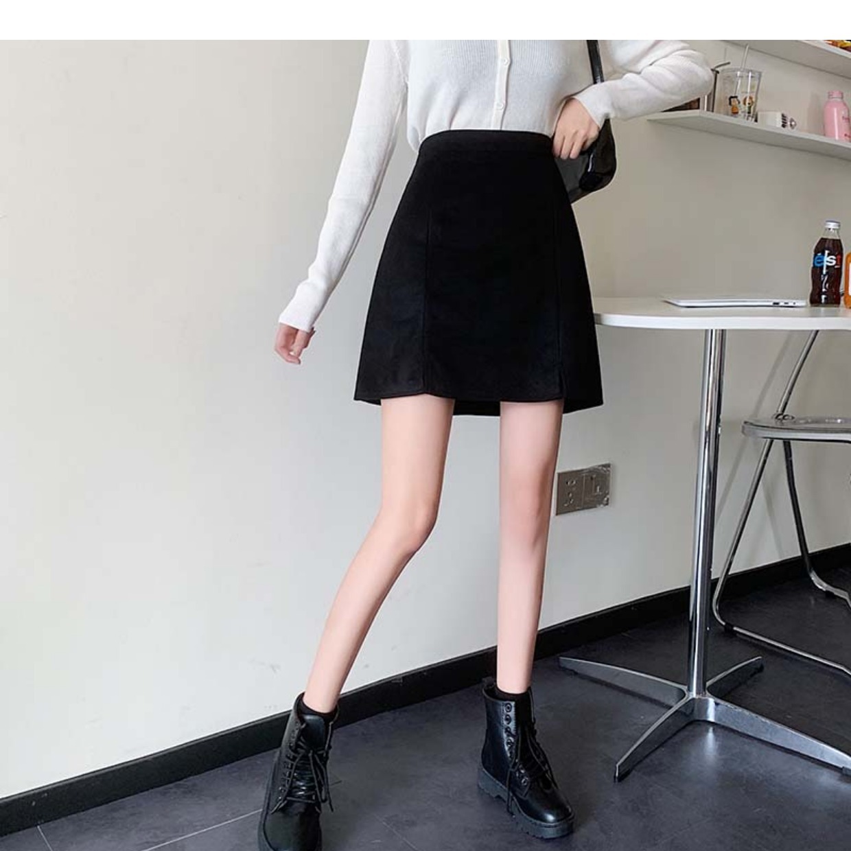 GraceChic GraceChic GraceChic 2023 Autumn Winter High Waist Split Suede Velvet Midi Plus Size Slimming A-line Bodycon Versatile Black Short Skirt_voghion.com