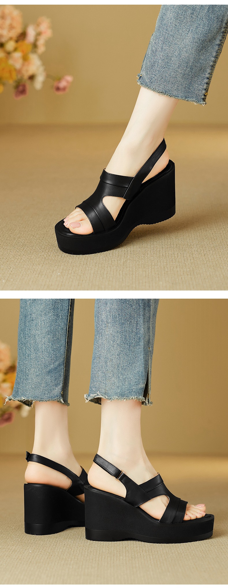 Sandal nữ hở mũi đế xuồng da bò cao gót quai ngang phong cách La Mã — đen chi tiết 7