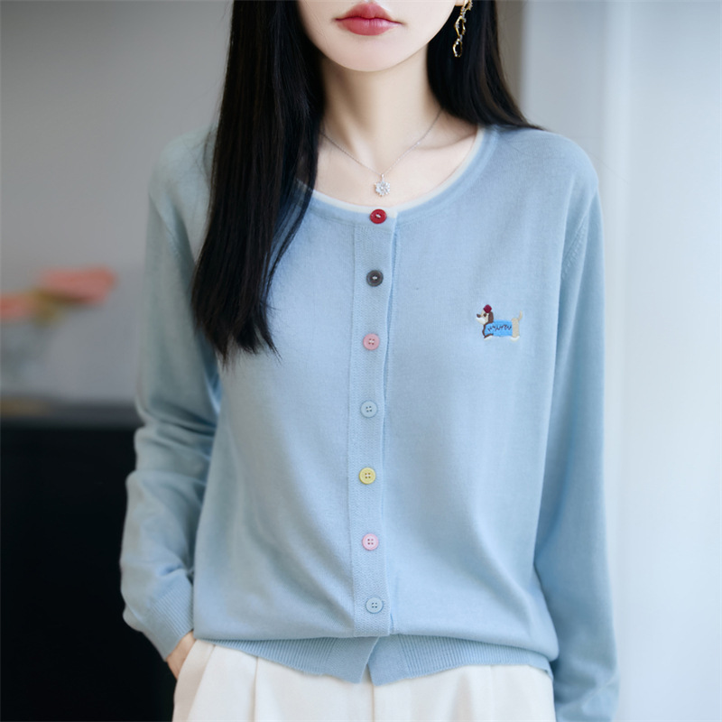 春秋款开衫圆领精纺羊毛针织衫彩扣女装刺绣外搭百搭洋气上衣批发|undefined