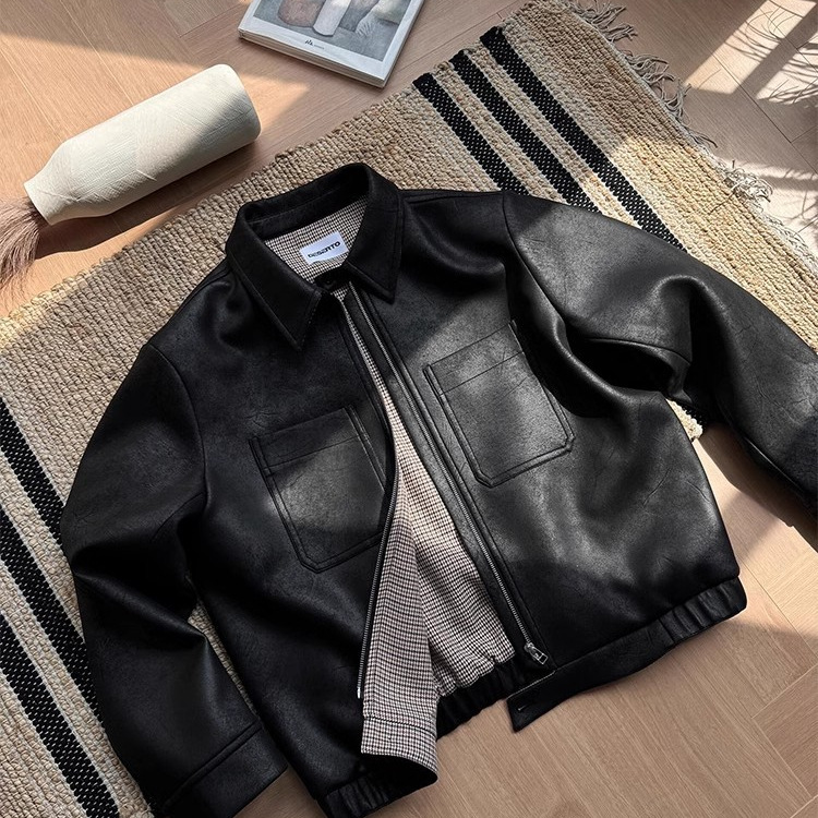 BOYUE Silk Leap Frozen Crack Chaqueta de cuero con forro de pata de gallo Chaqueta de moda corta de todo fósforo de motocicleta para hombre