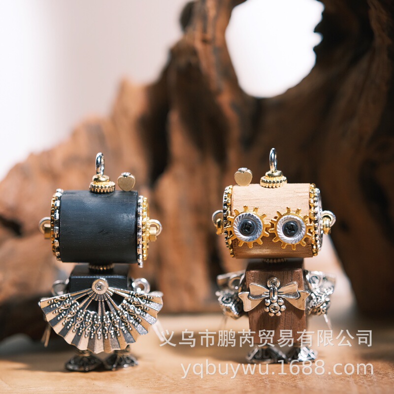 Pure handmade foreign trade cross-border wooden steampunk robot warm field group building diy material bag pendant keychain
