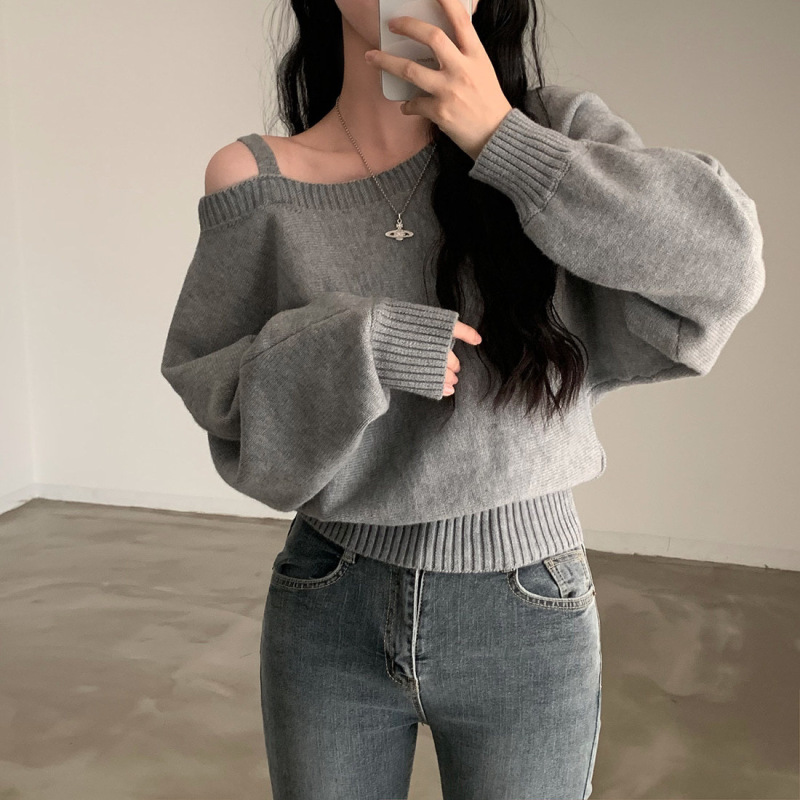 Korean Chic Autumn and Winter Retro Elegant Slant Collar Off-Shoulder Design Loose Casual Versatile Long-Sleeved Knitwear for Women Korean Chic Autumn and Winter Retro Elegant Slant Collar Off-Shoulder Design Loose Casual Versatile Long-Sleeved Knitwear for Women
