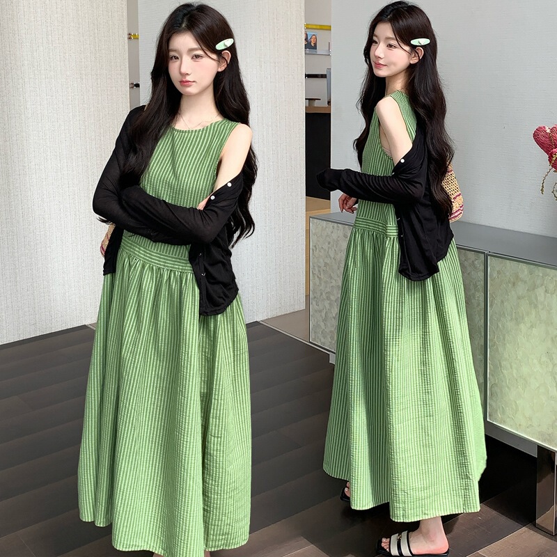 Fresh and Simple Striped Dress, Summer Korean Style, Elegant Sleeveless A-Line Tank Dress, Loose Vacation Dress, Maternity Set
