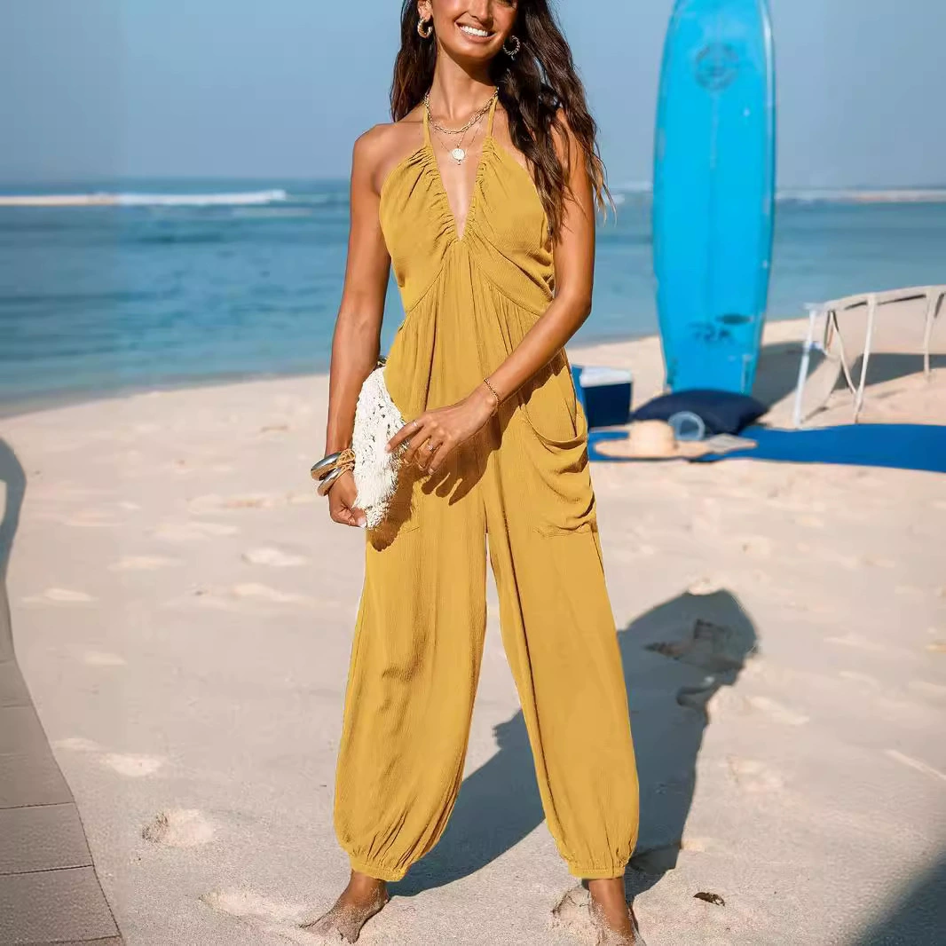 Европейская и американская трансграничная женская глубокая V шея без рукавов складчатые карманы на спине с широкими ногами с длинными комбинезоны