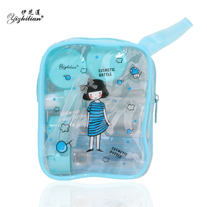 Комплект дорожных косметических бутылочек, 7 предметов жидкок и refill набор с распылителем и насосом, розовый/синий