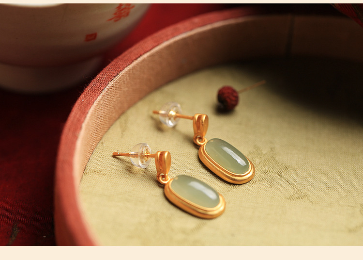 Daily Occasion 1 Pair Retro Oval Copper Inlay Jade Drop Earrings