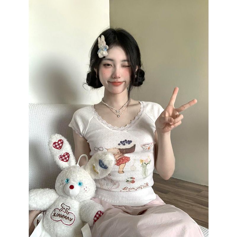 Printed Sweet and Cute Lace Slim-fit Slim-fit Short Round Neck T-shirt Short Sleeve