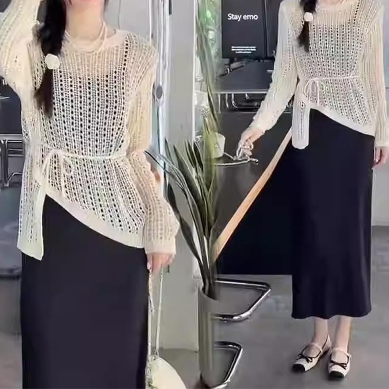 长袖时尚套装裙女年春秋季新款慵懒风镂空针织衫吊带裙两件套|undefined