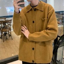 港风秋复古翻领开衫毛衣男ins情侣外穿针织衫潮流潮牌加厚外套