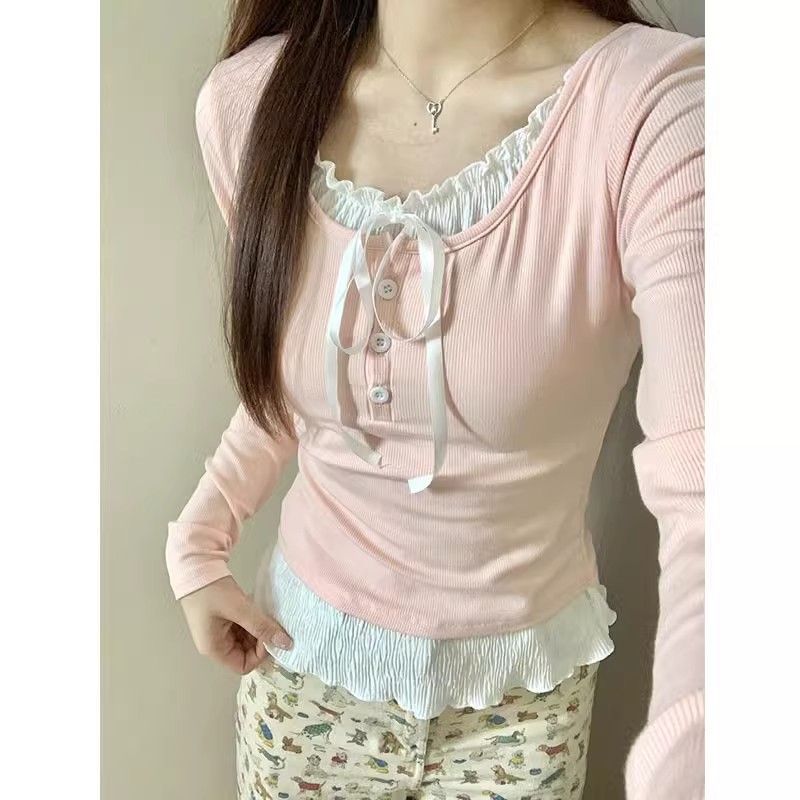 2025 Early Autumn New Fake Two-Piece Inner Layering Shirt for Women Chic Slim Right Shoulder Long Sleeve White Short Top Spring