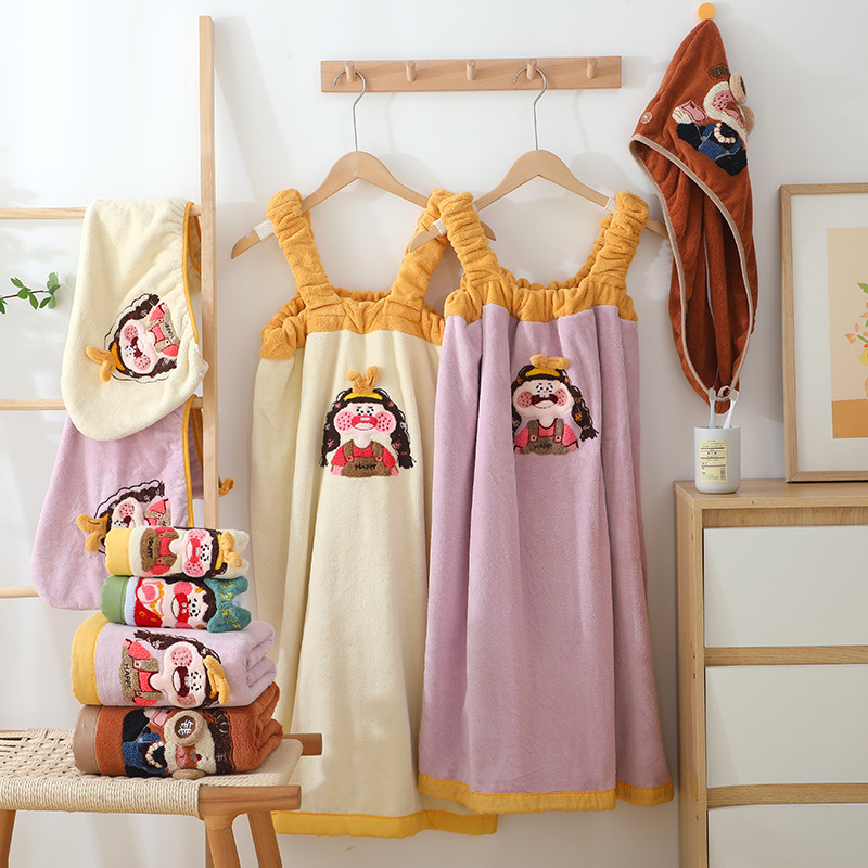 リトルリッチウーマンサスペンダーバススカート新しい刺繍漫画入浴ウェアラブルバスタオル刺繍フェイスタオル包頭ドライヘアタオル|undefined
