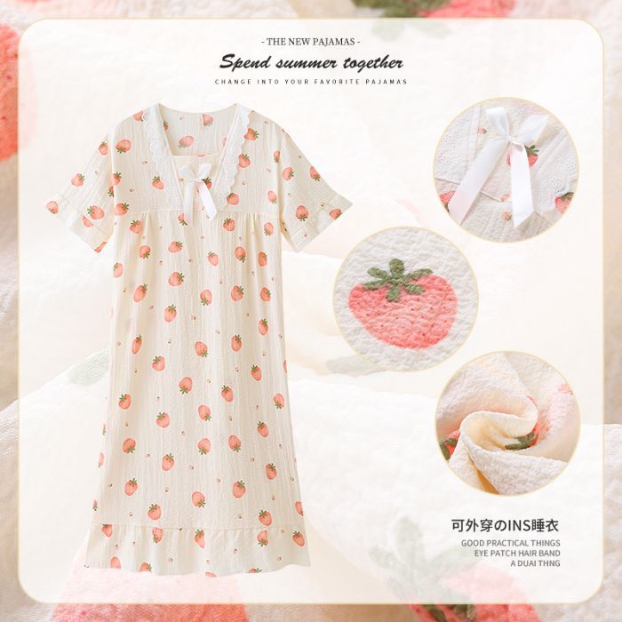 Camisón de manga corta de algodón de burbuja de verano al por mayor transfronterizo de dibujos animados dulce y lindo servicio a domicilio para niñas pijamas sueltos casuales