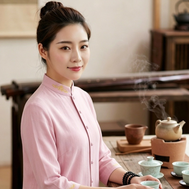 New Chinese-style cotton and linen meditation clothing for women, with buttoned stand-up collar, tea art yoga set, loose and breathable, suitable for spring and autumn New Chinese-style cotton and linen meditation clothing for women, with buttoned stand-up collar, tea art yoga set, loose and breathable, suitable for spring and autumn