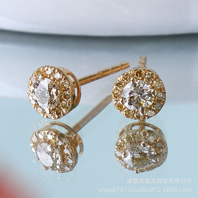 慕灵珠宝 18K金钻石耳钉 黄钻大版0.87ct 圆饼款 耳钉 群镶首饰