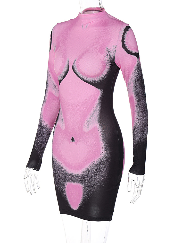 Fashion Solid Color Round Neck Long Sleeve Patchwork Spandex Polyester Knee-Length Sheath Dress