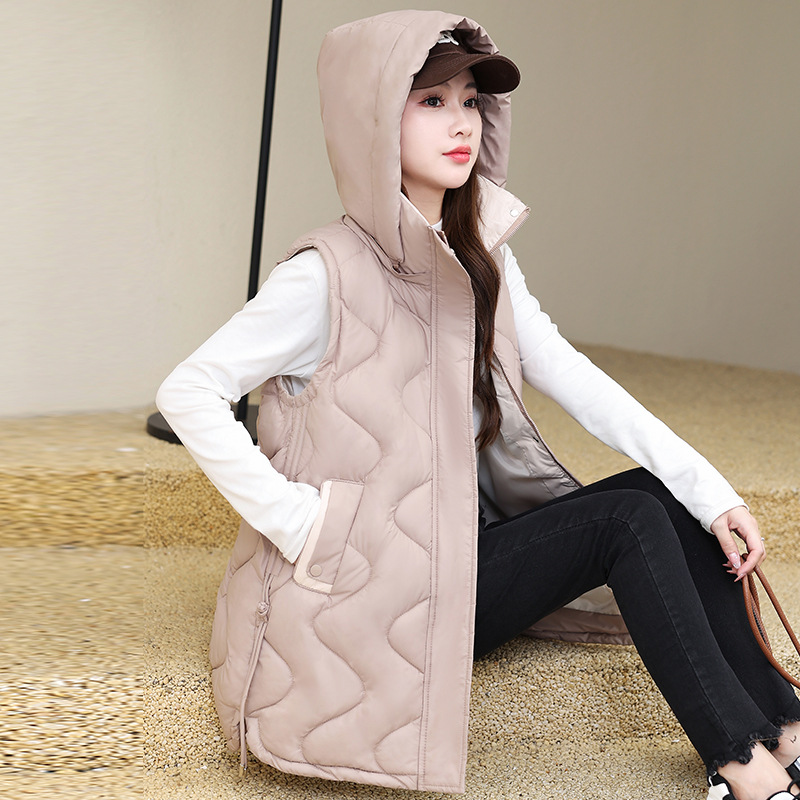 Chaleco de algodón de pluma, chaleco de mujer largo, otoño y invierno 2024 nuevo estilo coreano de algodón suelto, chaleco de algodón, chaqueta de moda