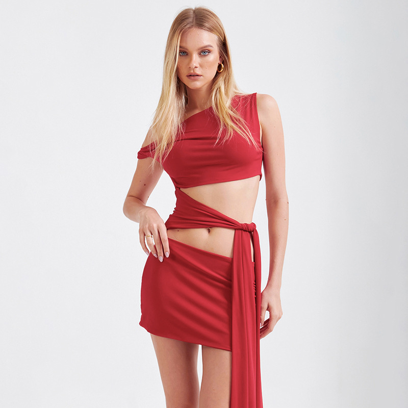 Cruce fronterizo Europa y América ropa de mujer 2025 primavera y verano nuevos productos de color sólido cuello inclinado sexy agujero lazos delgados vestido de cadera
